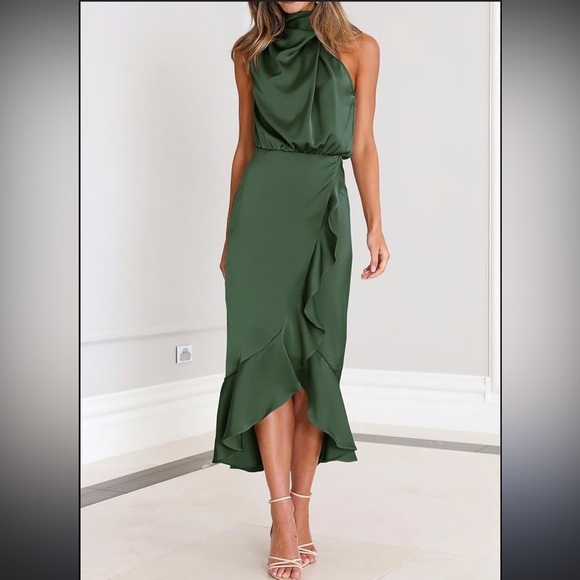 NWT KIRUNDO Women Satin Mock Neck Party Cocktail Midi Dress Wrap Ruffle size L - Picture 12 of 12